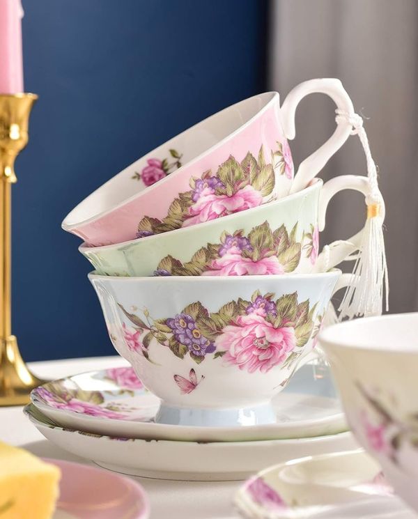 Shabby chic tea cups for a tea party at home. 