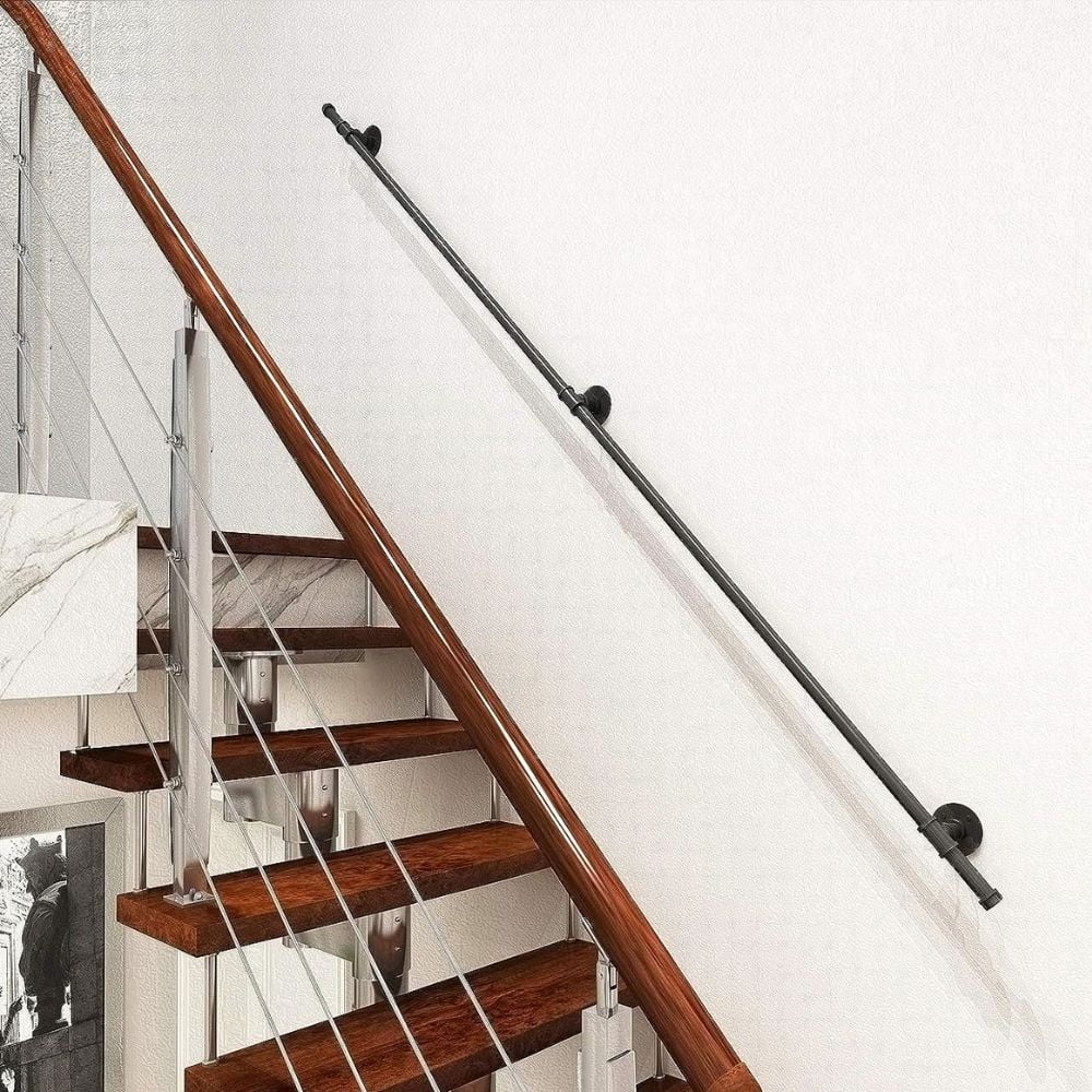 5ft Black Iron Pipe Handrail for Stairs. An easy renovation for a staircase.