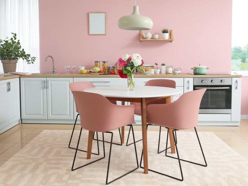 pink kitchen with carpet